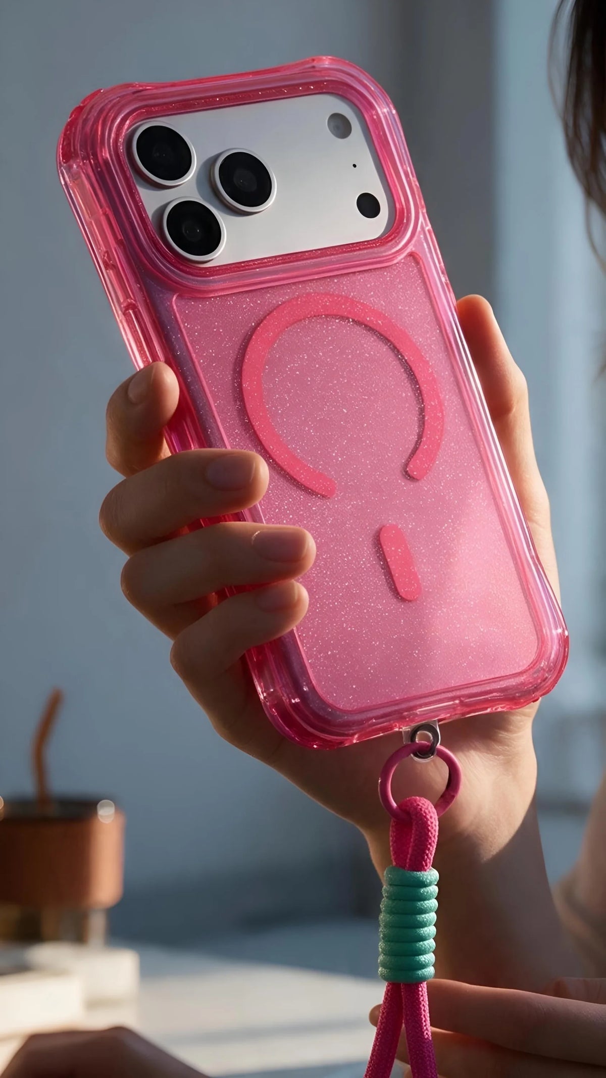 Transparente funda rosa con glitter case magsafe y correa trenzada colorida para uso rudo