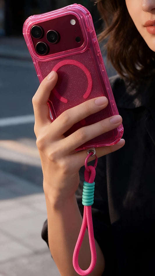 Funda rosa con glitter case magsafe vibrante con anillo magnético y correa trenzada para uso rudo