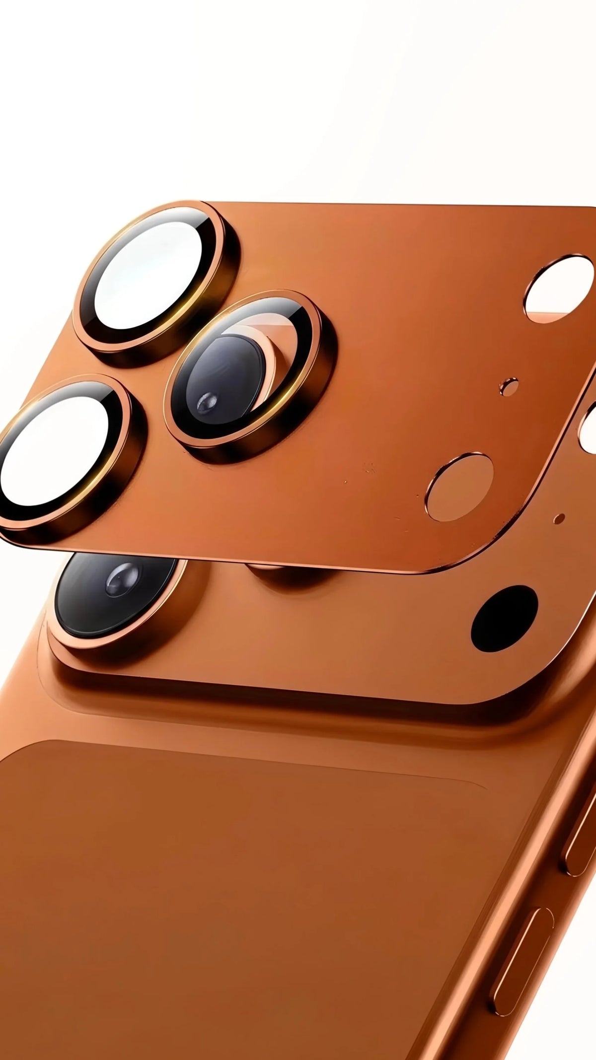 Protector de cámara metálico completo para iphone pro max en color cobre con cubiertas circulares doradas para funda premium