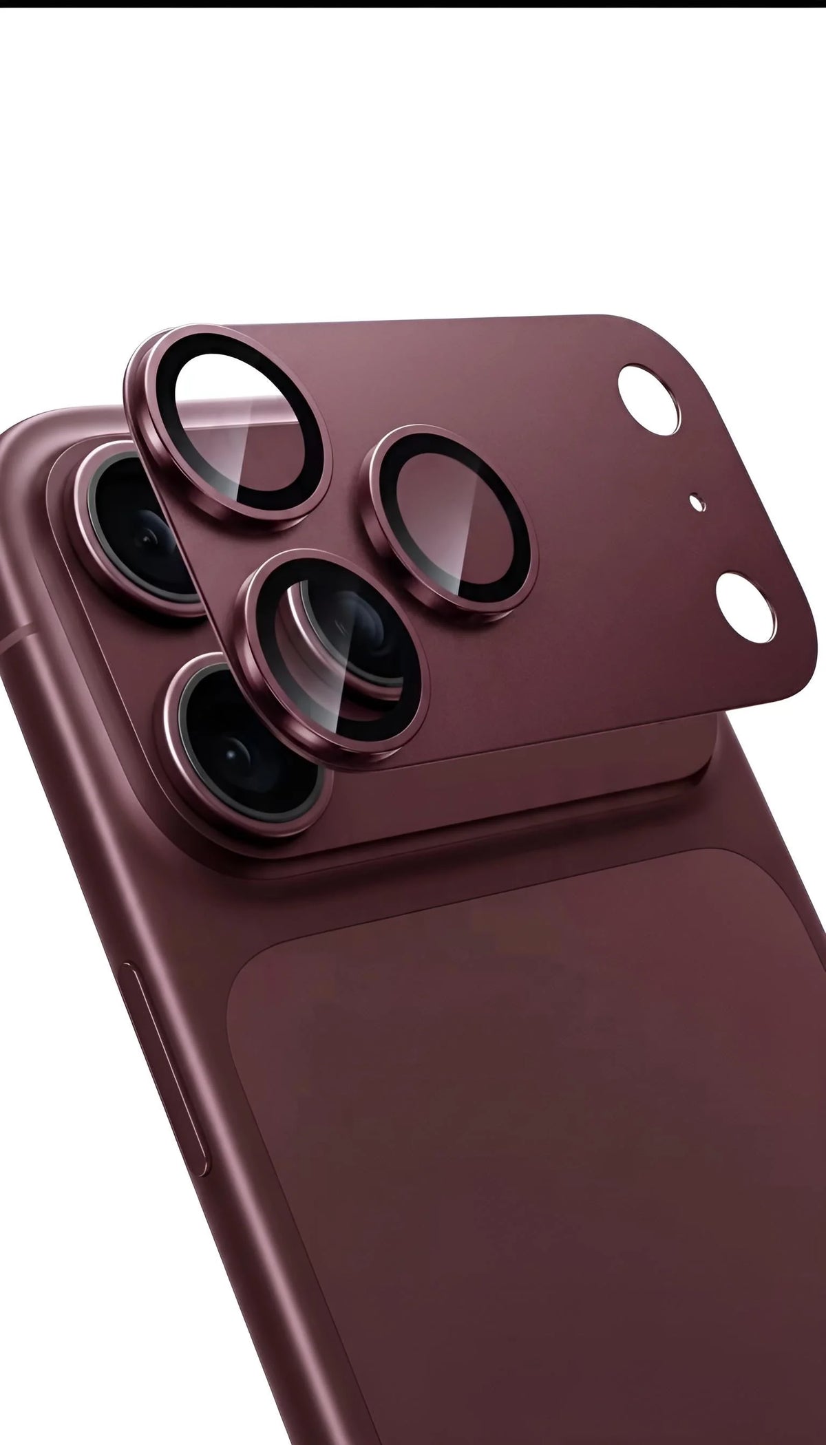 Protector de cámara metálico completo para iphone pro max en color granate con tres lentes circulares de vidrio negro
