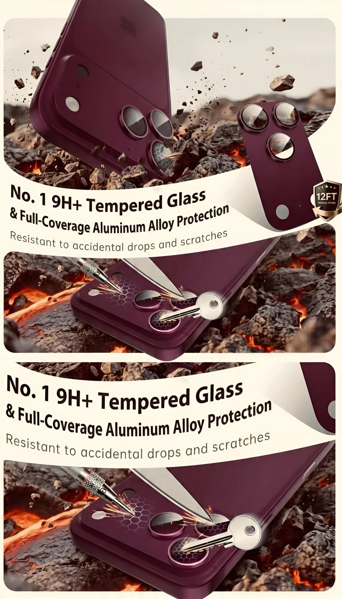 Funda púrpura para iphone pro max con protector de cámara metálico completo 9h+ vidrio templado y aluminio