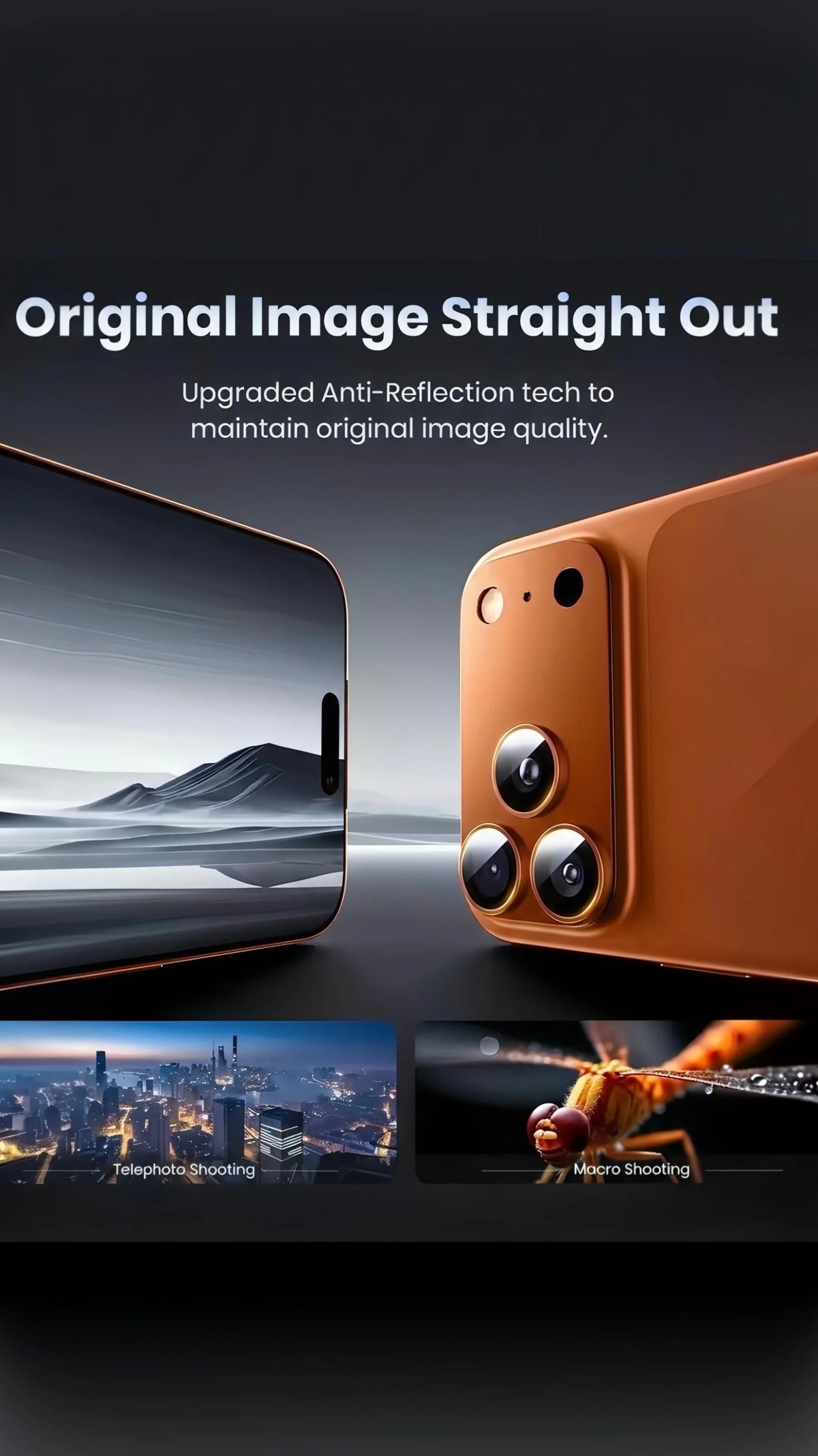 Vista trasera de funda metálica naranja para iphone pro max con sistema de triple cámara protección premium