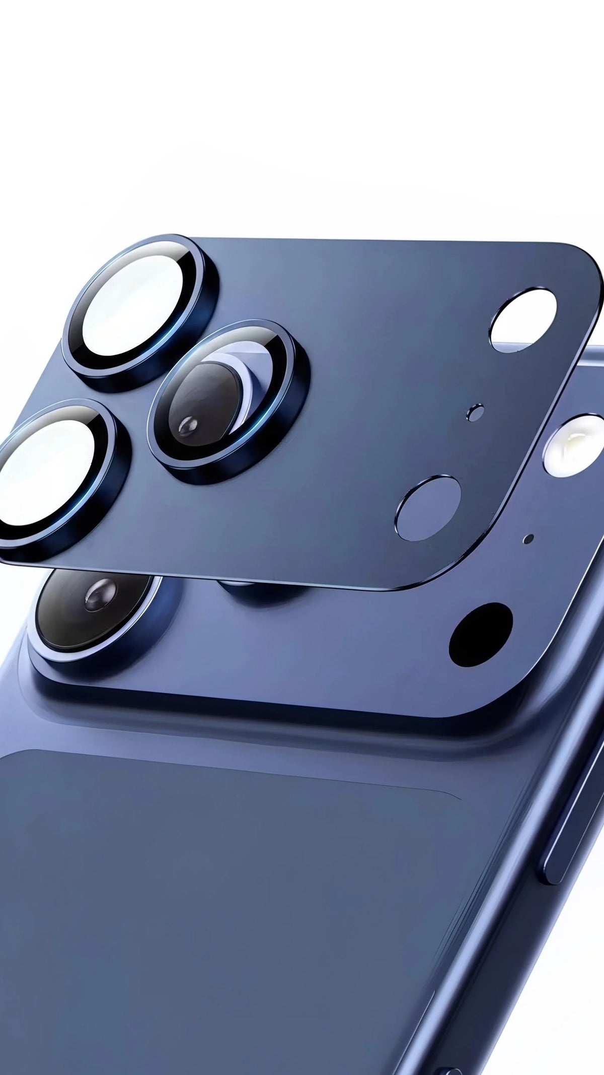 Protector de cámara metálico azul con tres cortes circulares para iphone pro max con funda de protección premium