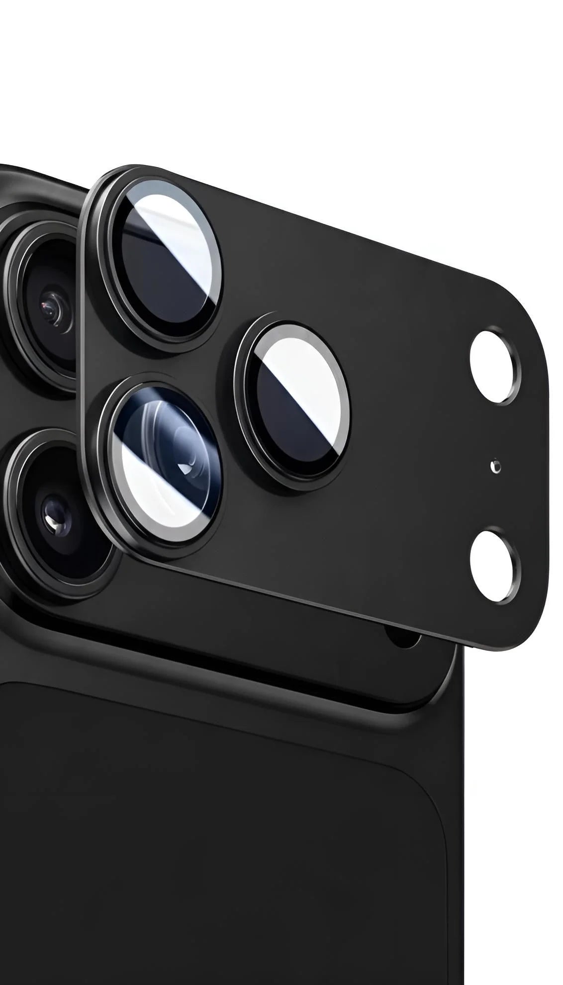 Protector de cámara metálico completo negro con tres cutouts circulares para iphone pro max y funda premium