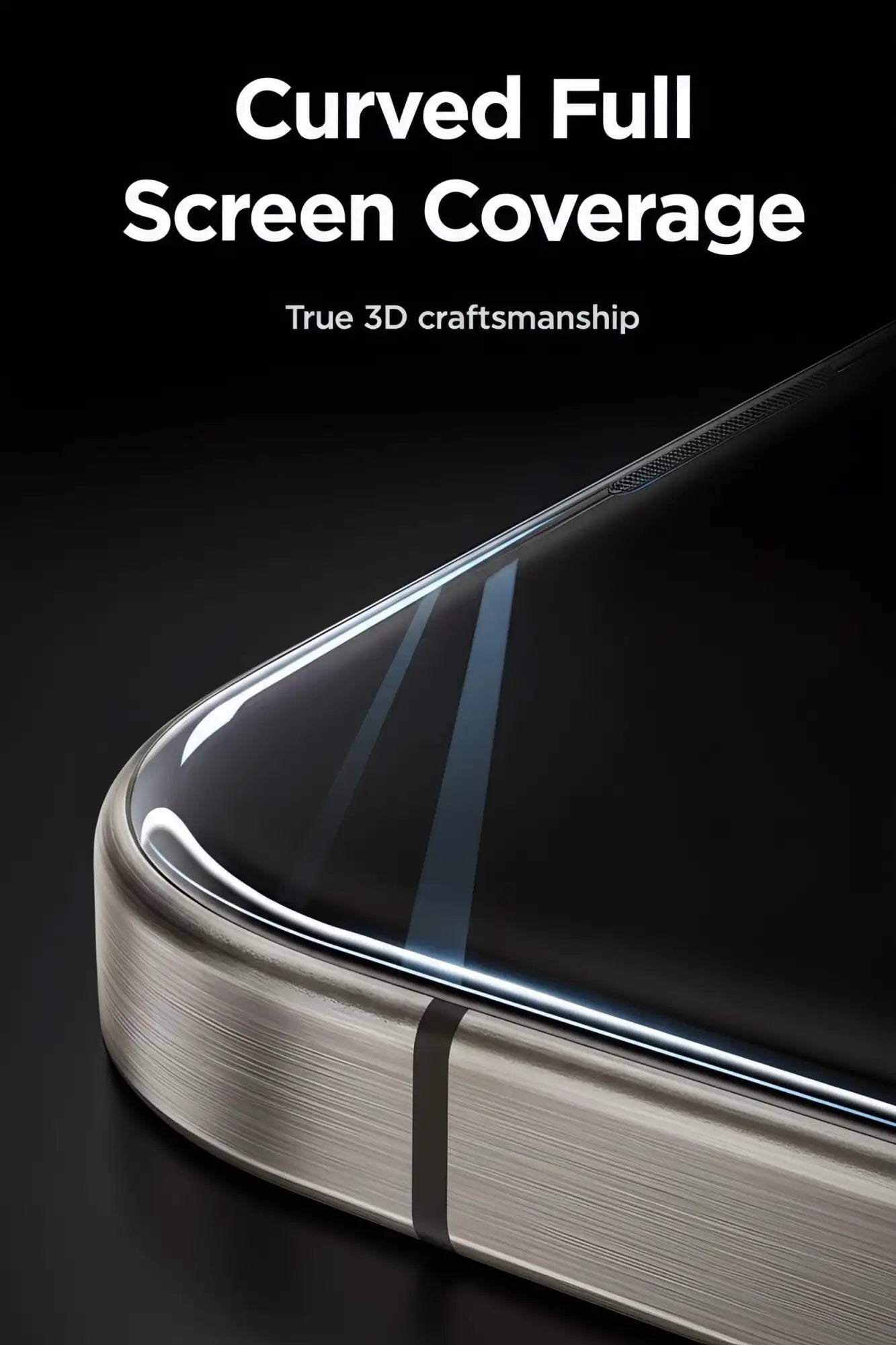 Protector de pantalla para teléfono de pantalla completa curva con un elegante marco metálico cepillado y alineación precisa de bordes en 3D.