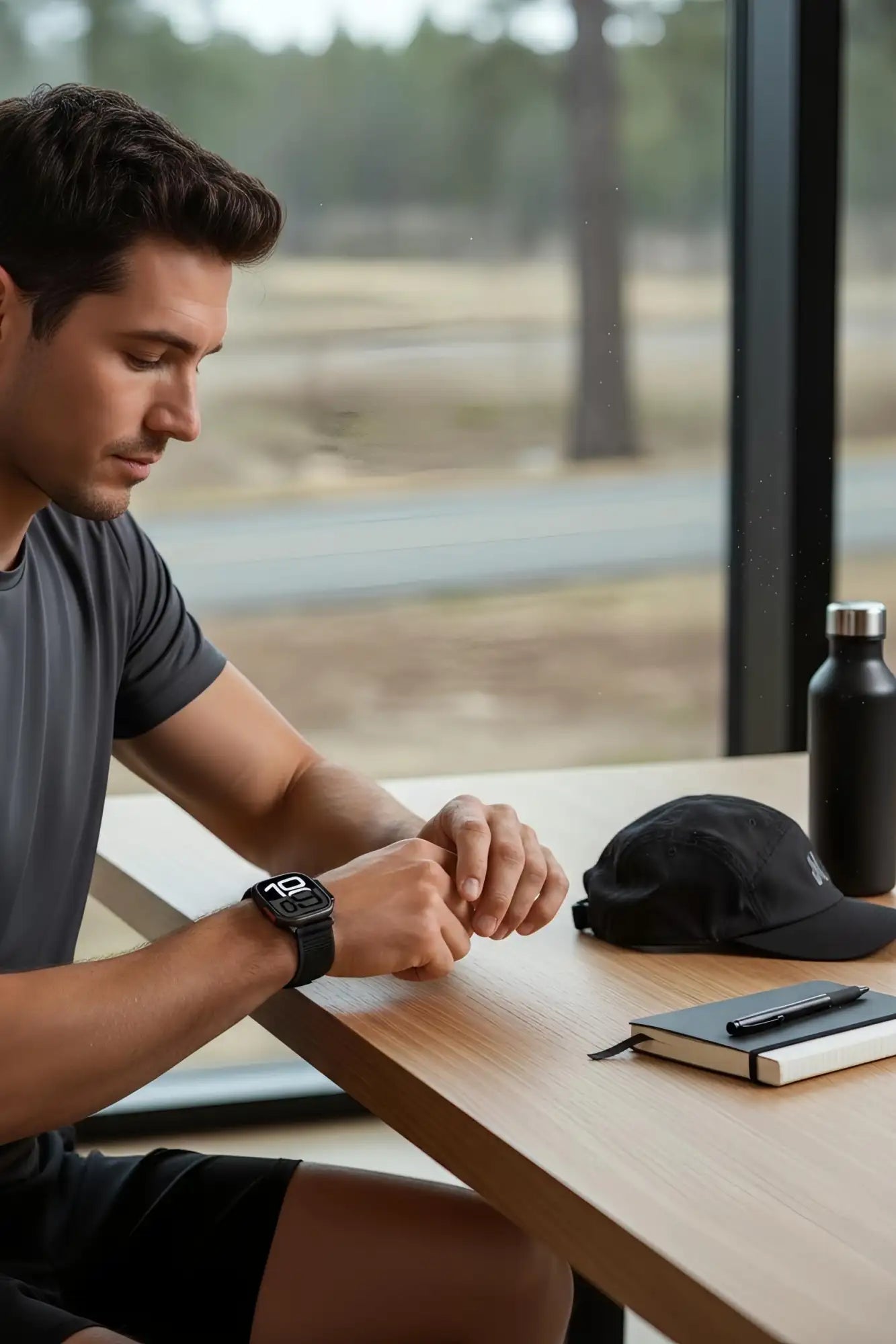 Reloj inteligente negro con pantalla digital rectangular y bisel metálico elegante