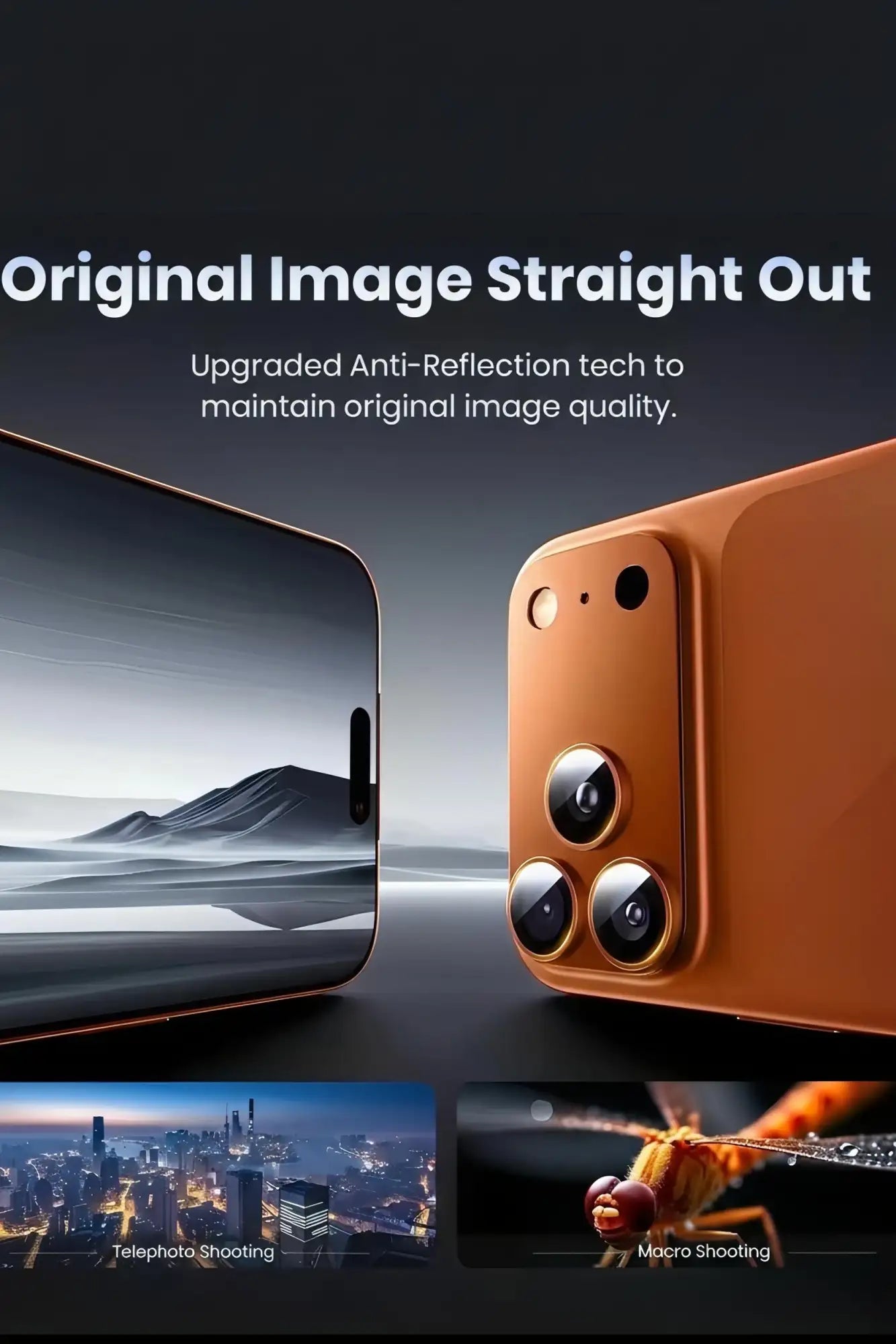 Smartphone naranja con un acabado elegante y metálico, y sistema de triple cámara en la parte trasera.