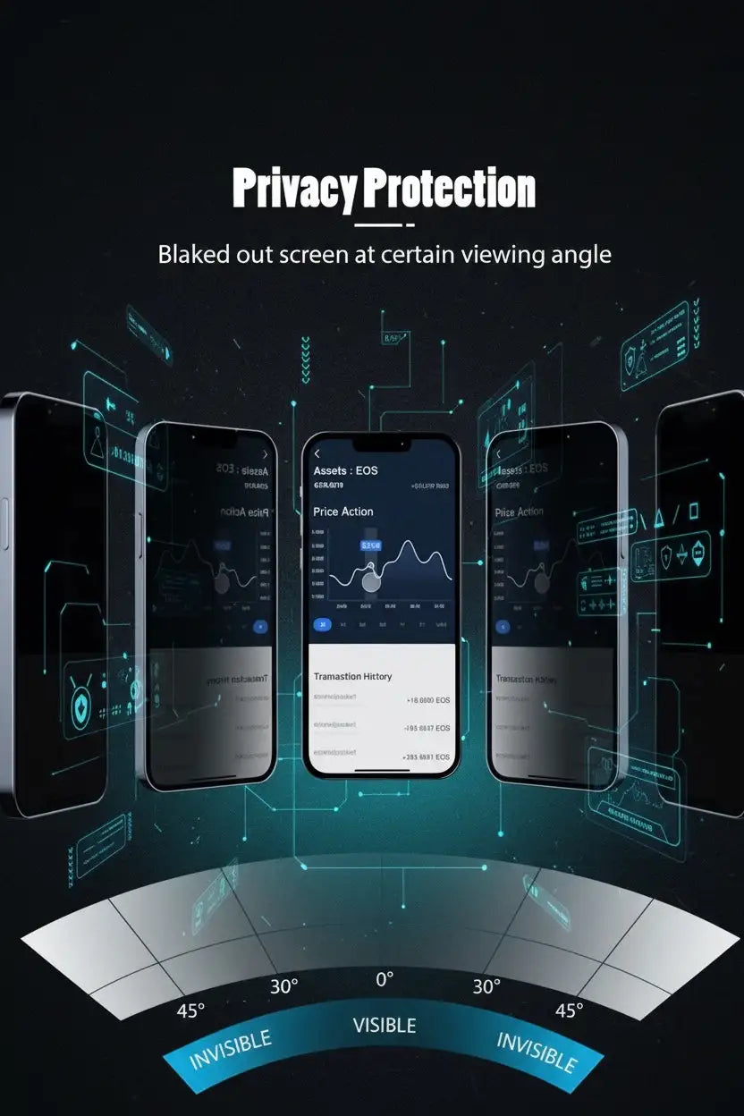 Smartphone negro con una pantalla que protege la privacidad y se apaga en ciertos ángulos de visión, mostrando datos de trading de criptomonedas.
