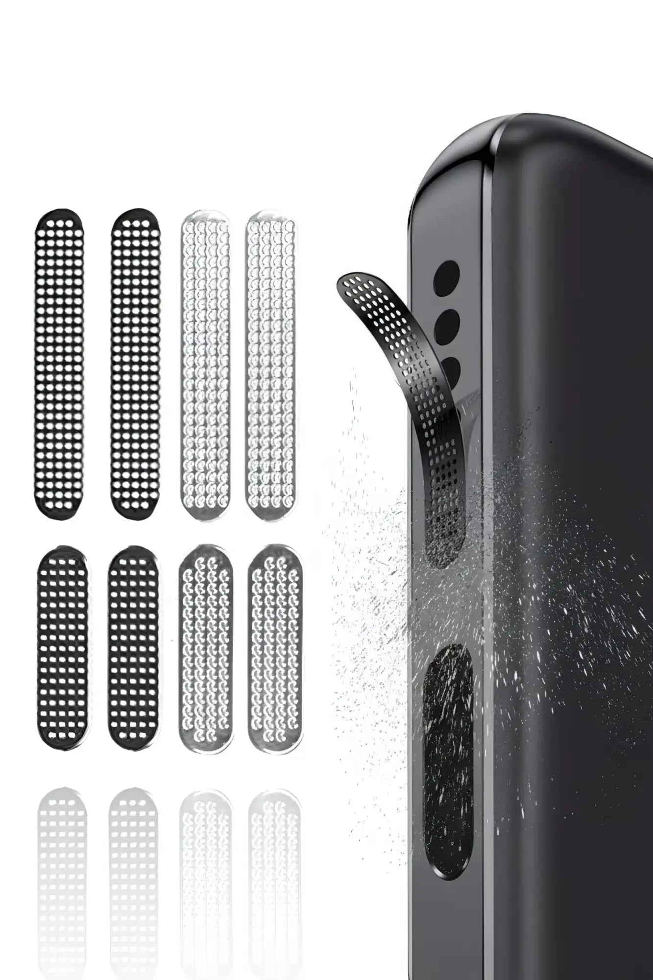 Tiras de agarre para funda de teléfono negra perforada con un diseño elegante y moderno.