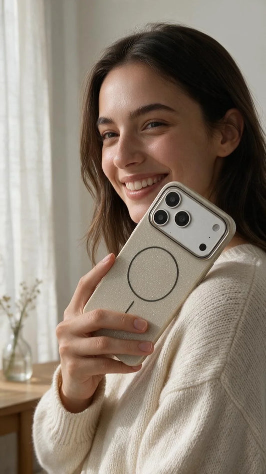 Funda glitter blanca para iphone con textura sutil y diseño circular negro minimalista en la parte trasera