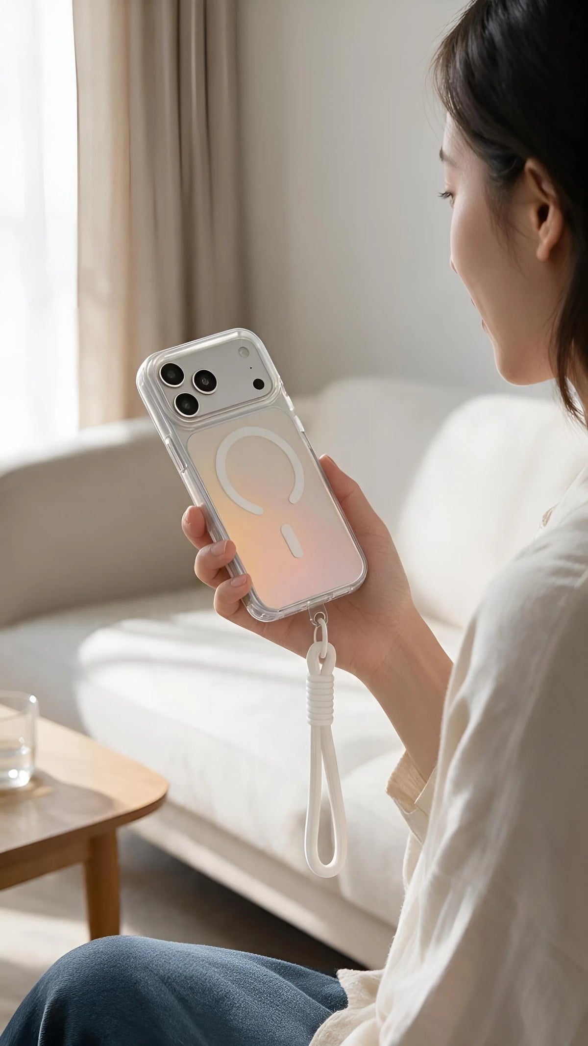 Parte trasera de funda transparente para iphone con acabado tornasol, botones metálicos y white strap de tela blanca