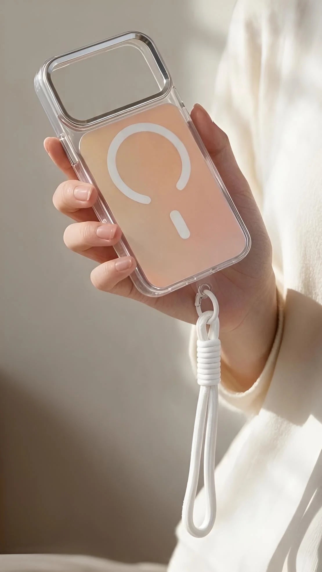 Vista trasera de funda para iphone con acabado tornasol, botones metálicos, panel trasero durazno y white strap trenzado