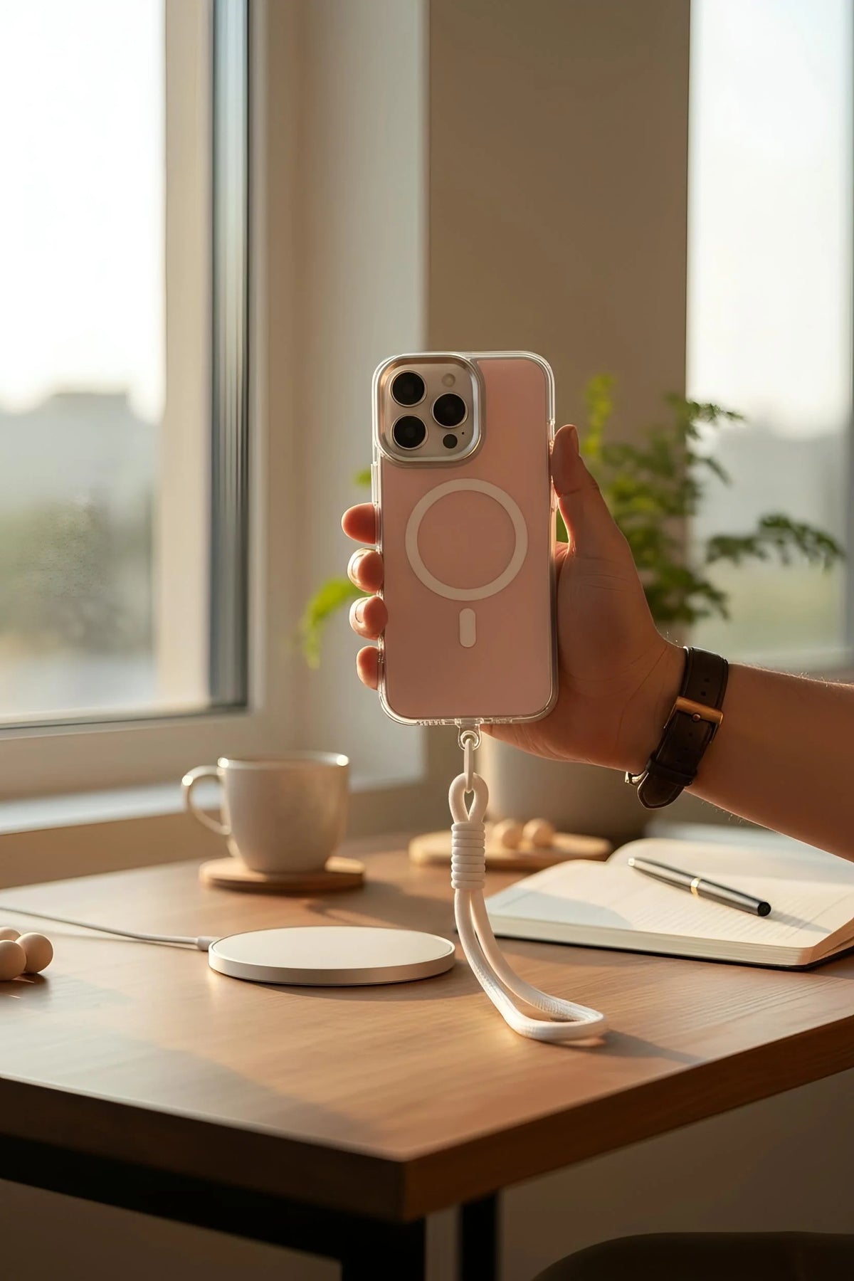 Funda para iphone con acabado tornasol y botones metálicos, con bumper transparente y white strap magnético blanco