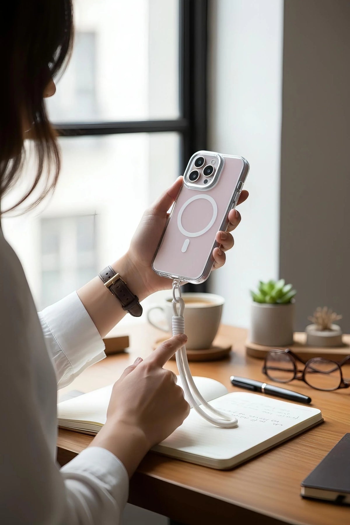 Funda para iphone con acabado tornasol rosa traslúcido, botones metálicos, anillo de carga magnético y white strap blanco