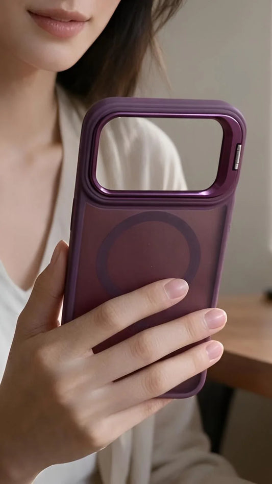 Vista trasera de funda super armour wine matte super para iphone con bordes elevados y anillo magnético de carga