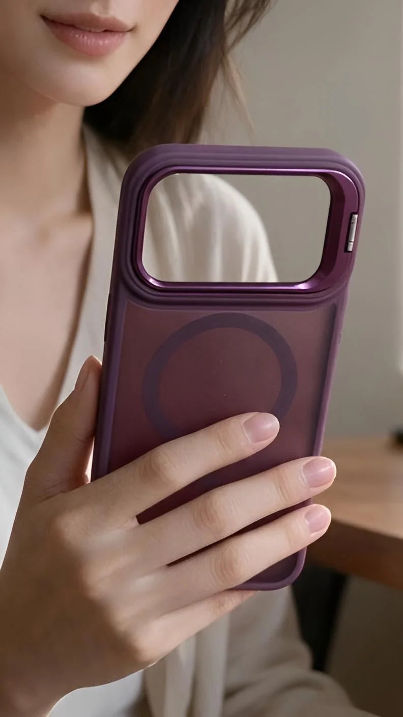 Vista trasera de funda super armour wine matte super para iphone con bordes elevados y anillo magnético de carga