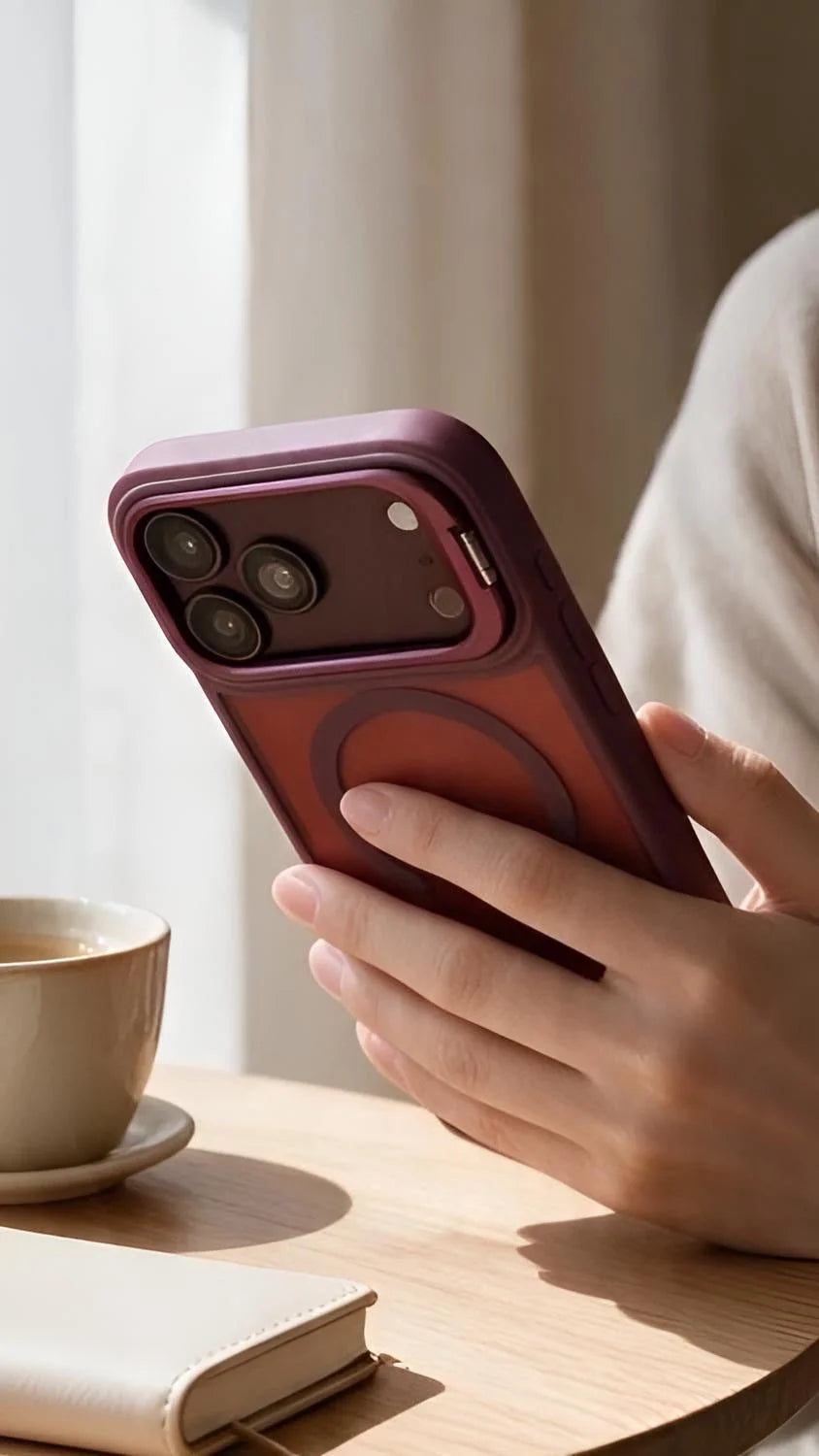 Vista trasera de funda super armour wine matte super de material mate burdeos con bordes elevados y carga magnética para iphone