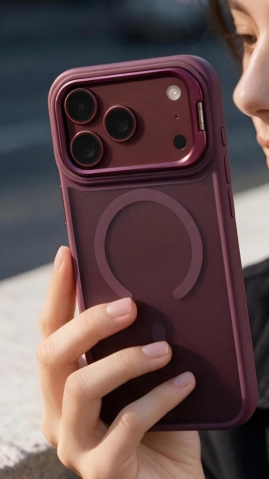 Funda wine matte super armour para iphone vista trasera con bordes elevados y anillo magnético protector en color vino