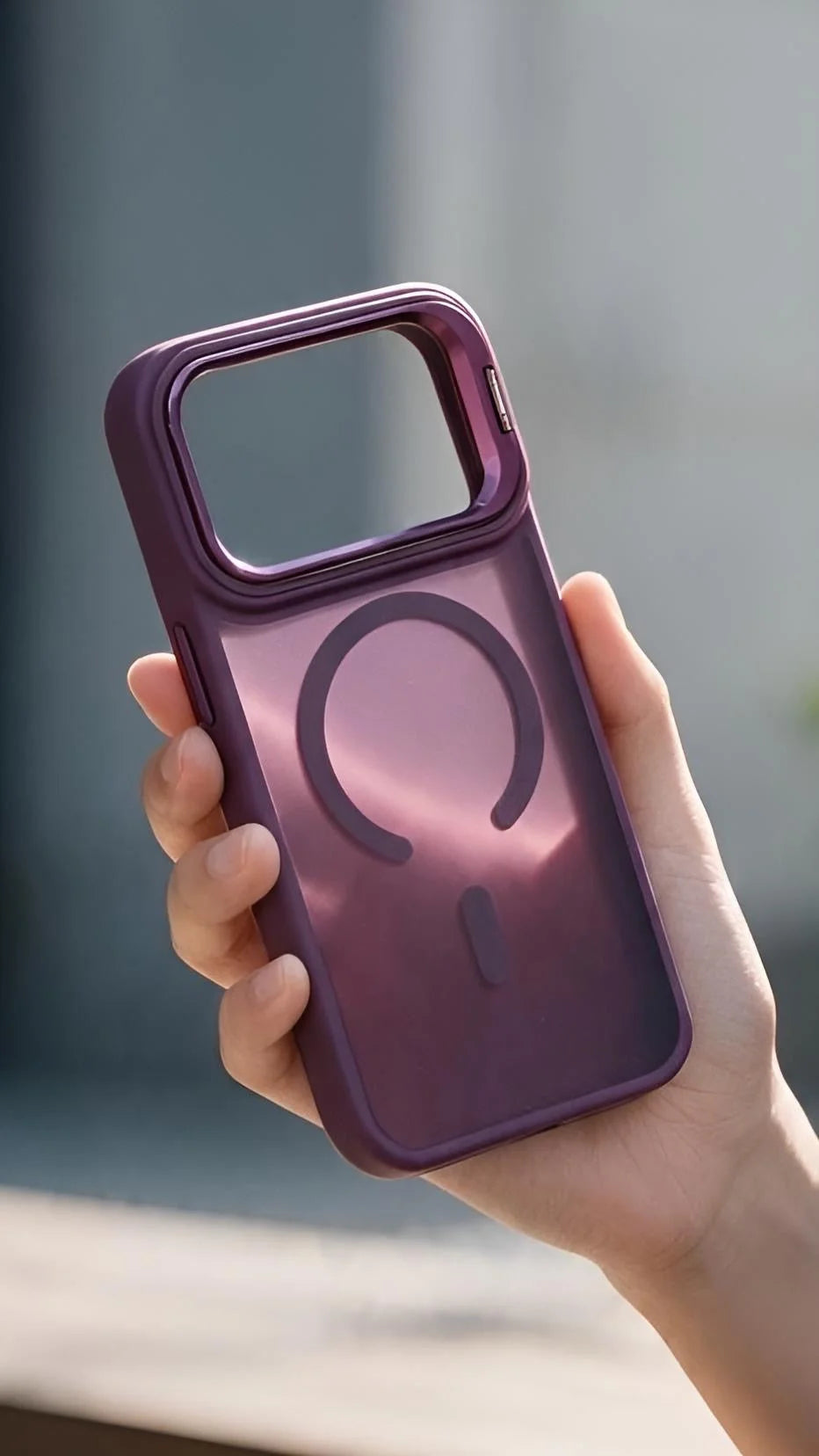 Funda super armour wine matte super transparente morada con bordes elevados y símbolo magnético en la parte trasera