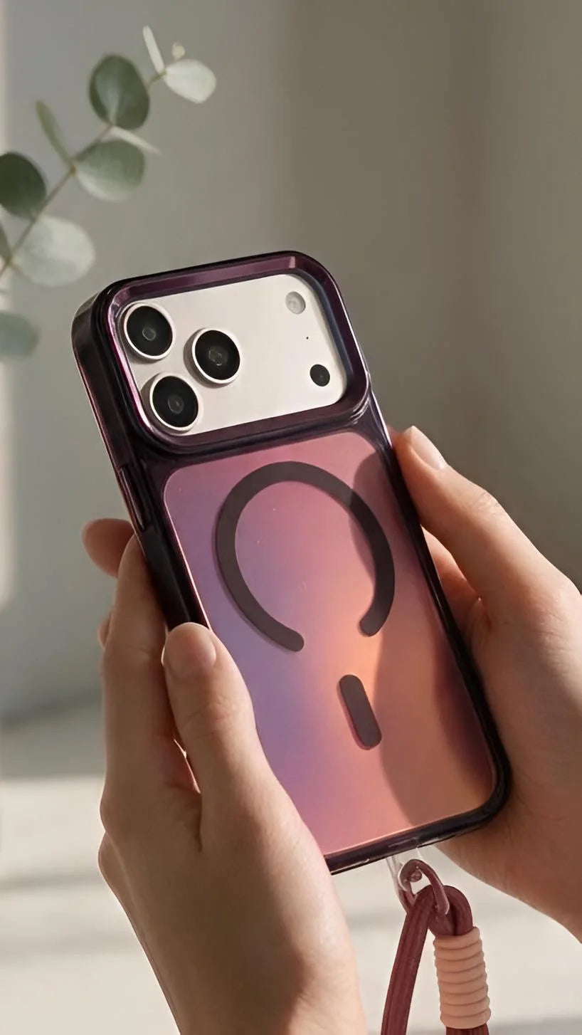 Parte trasera de funda para iphone wine strap tornasol con acabado tornasol rosa y morado y botones metálicos negros