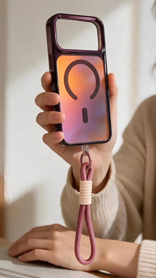 Funda para iphone con acabado tornasol, botones metálicos, diseño minimalista y strap tornasol trenzado rosa